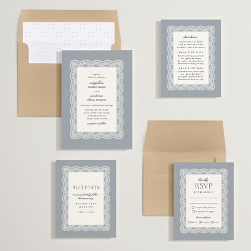 This is a dusty blue wedding invitations with standard by Erica Krystek called chantilly printing on signature in standard