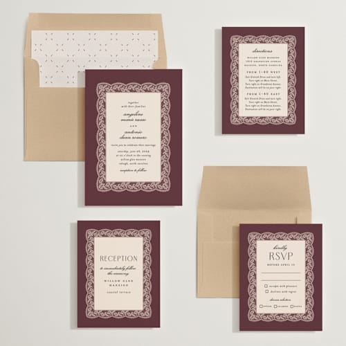 This is a burgundy wedding invitations with standard by Erica Krystek called chantilly printing on signature in standard