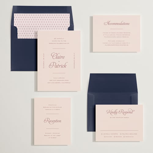 This is a blush wedding invitations with standard by Carolyn MacLaren called modernne printing on signature in standard
