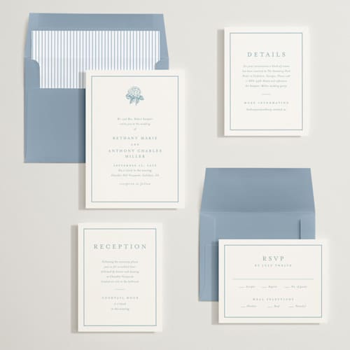 This is a seaside wedding invitations with standard by Stacey Meacham called hydrangea bloom printing on signature in standard
