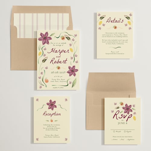 This is a lilac wedding invitations with standard by Emily Miranda called romantic tropical wedding printing on signature in standard
