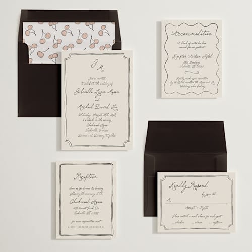 This is a vintage wedding invitations with standard by Kelly Watkins called felicity printing on signature in standard