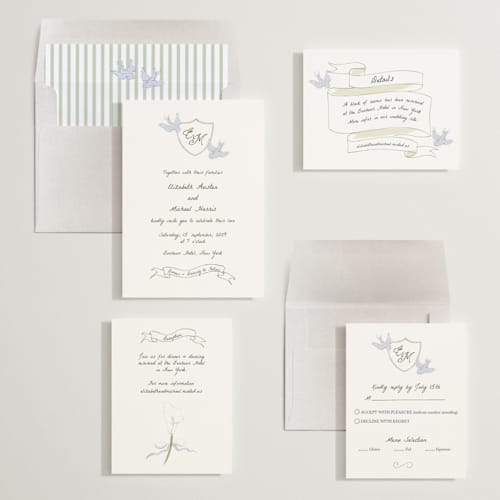 This is a cloud wedding invitations with standard by Helena Vitto called birds of paradise printing on signature in standard