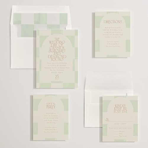 This is a mint wedding invitations with standard by Baumbirdy called checker wash printing on signature in standard