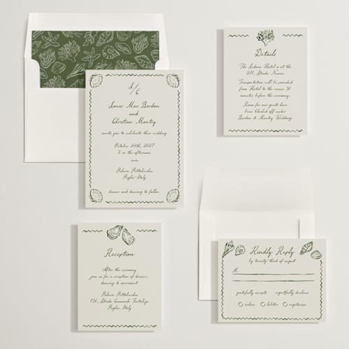 This is a algae wedding invitations with standard by Pati Cascino called puglia printing on signature in standard