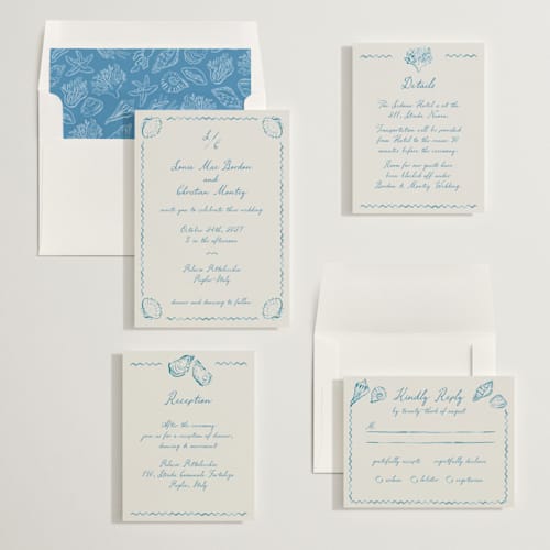 This is a ocean wedding invitations with standard by Pati Cascino called puglia printing on signature in standard
