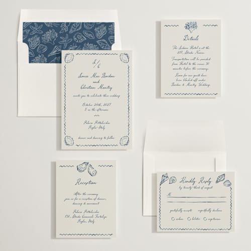 This is a deep ocean wedding invitations with standard by Pati Cascino called puglia printing on signature in standard