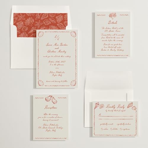 This is a coral wedding invitations with standard by Pati Cascino called puglia printing on signature in standard