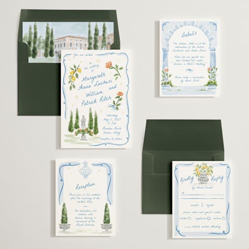 This is a blu wedding invitations with standard by Pati Cascino called giardino printing on signature in standard