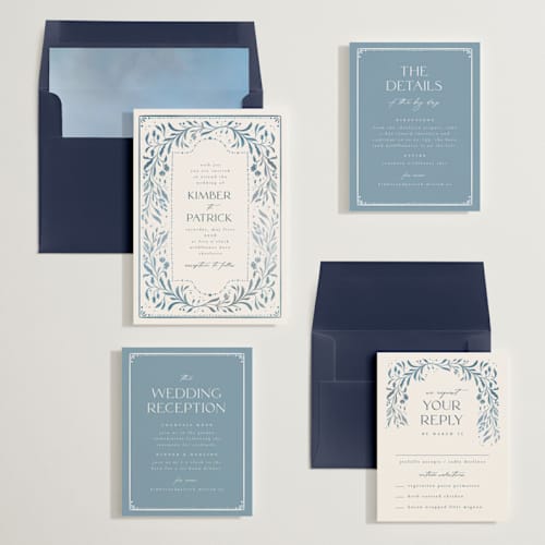 This is a delft blue wedding invitations with standard by Ashley DeMeyere called porcelain printing on signature in standard