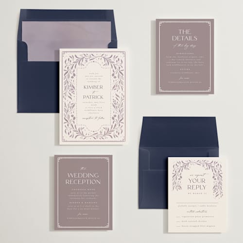 This is a lavender dusk wedding invitations with standard by Ashley DeMeyere called porcelain printing on signature in standard