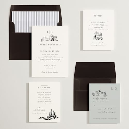 This is a noir wedding invitations with standard by Shiny Penny Studio called countryside villa printing on signature in standard