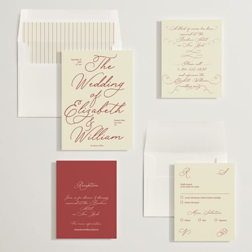 This is a burgundy wedding invitations with standard by Helena Vitto called elizabeth printing on signature in standard