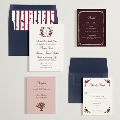 This is a burgundy velvet wedding invitations with standard by Cass Loh called blooming crest printing on signature in standard