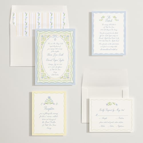 This is a powder blue wedding invitations with standard by Creo Study called folk garden printing on signature in standard
