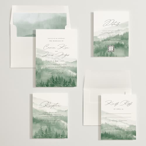 This is a fern wedding invitations with standard by Helen Halik called over the mountains printing on signature in standard