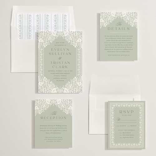 This is a sage wedding invitations with standard by Kristen Smith called lace trim printing on signature in standard
