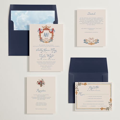 This is a royal wedding invitations with standard by Cass Loh called swan crest printing on signature in standard