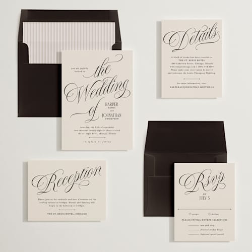 This is a linen wedding invitations with standard by Kate Ahn called mirin printing on signature in standard
