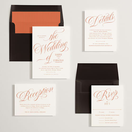 This is a sunset wedding invitations with standard by Kate Ahn called mirin printing on signature in standard