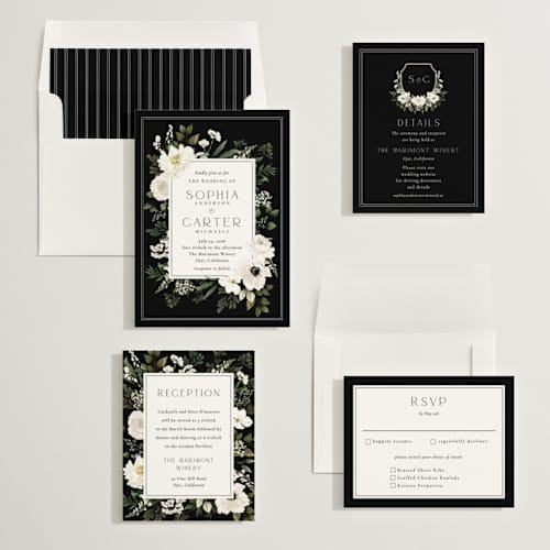 This is a black tie wedding invitations with standard by Susan Moyal called botanical love printing on signature in standard