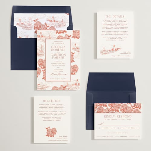 This is a sunset wedding invitations with standard by Jenna Holcomb called coastal toile printing on signature in standard