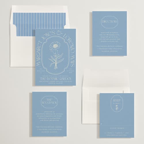 This is a cerulean wedding invitations with standard by Baumbirdy called flora arch printing on signature in standard
