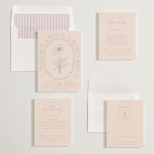 This is a blush wedding invitations with standard by Baumbirdy called flora arch printing on signature in standard