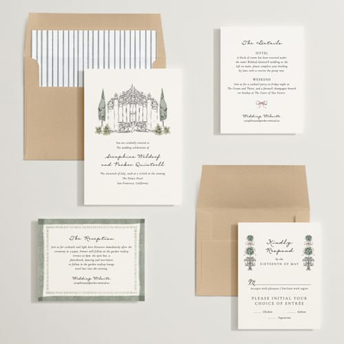 This is a forest wedding invitations with standard by Jackie Crawford called hand illustrated garden gate printing on signature in standard