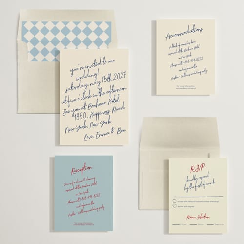 This is a blue velvet wedding invitations with standard by Helena Vitto called handwritten letter printing on signature in standard
