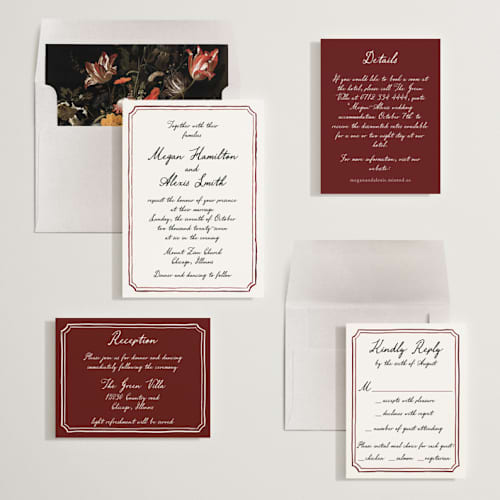 This is a wine wedding invitations with standard by Cass Loh called handwritten printing on signature in standard