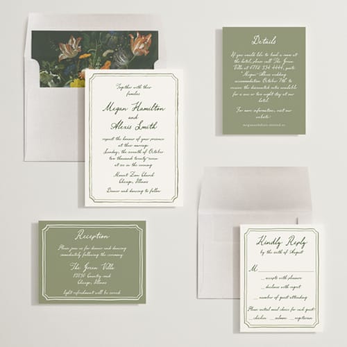 This is a moss wedding invitations with standard by Cass Loh called handwritten printing on signature in standard