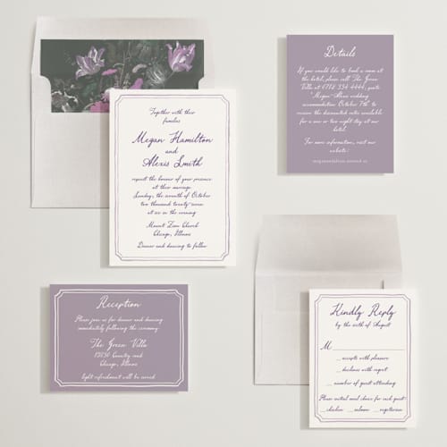 This is a lavender wedding invitations with standard by Cass Loh called handwritten printing on signature in standard