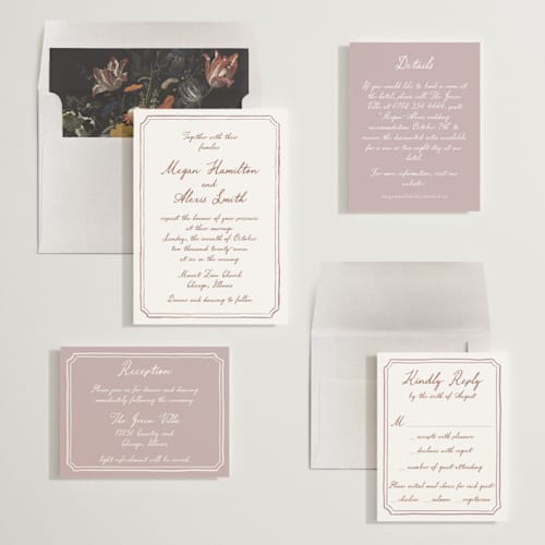 This is a rosewood wedding invitations with standard by Cass Loh called handwritten printing on signature in standard