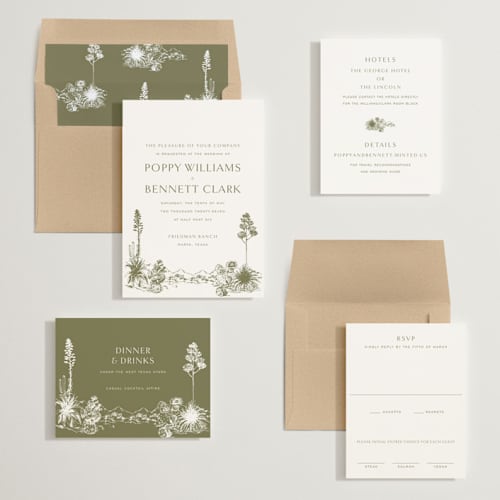 This is a verde wedding invitations with standard by Megan Davis called rancho printing on signature in standard