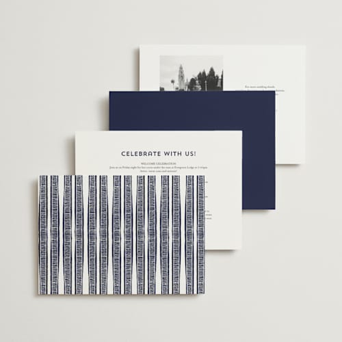 This is a navy wedding invitations with standard by Katharine Watson called block print frame printing on signature in standard