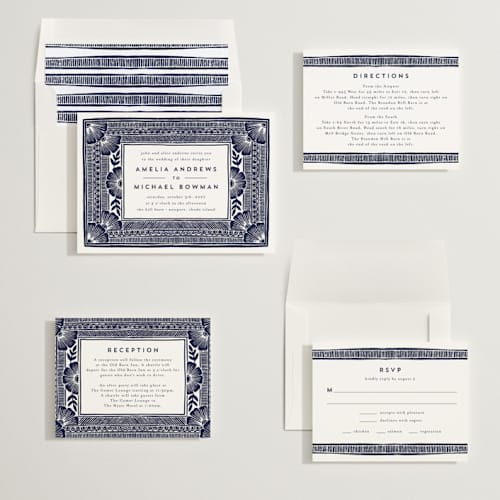 This is a navy wedding invitations with standard by Katharine Watson called block print frame printing on signature in standard