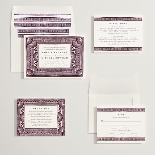 This is a wine wedding invitations with standard by Katharine Watson called block print frame printing on signature in standard