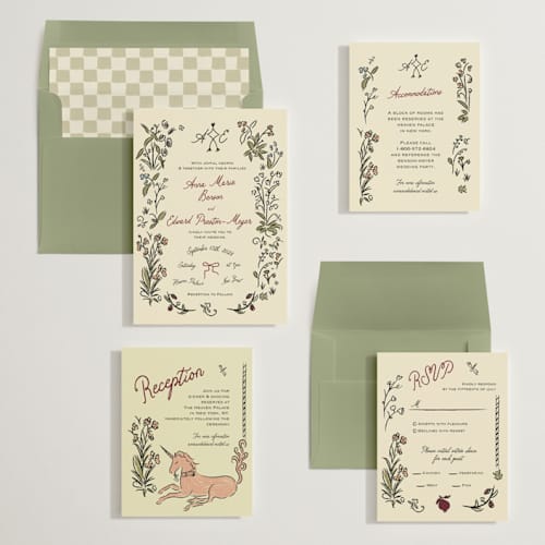 This is a pomegranate wedding invitations with standard by Helena Vitto called love rests in a garden printing on signature in standard