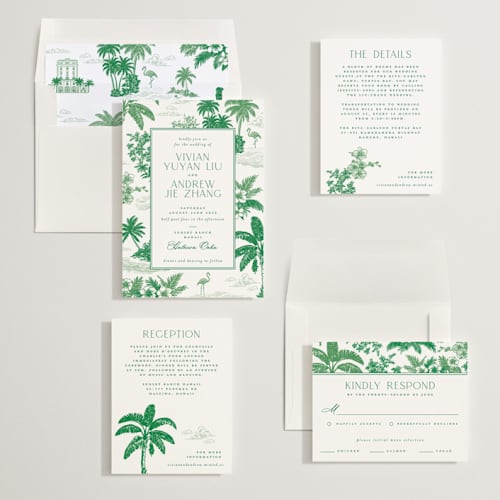 This is a jade wedding invitations with standard by Jenna Holcomb called tropical toile printing on signature in standard