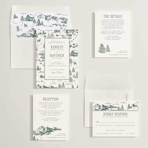This is a forest wedding invitations with standard by Jenna Holcomb called aspen toile printing on signature in standard