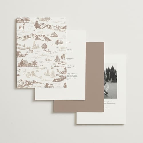 This is a leather wedding invitations with standard by Jenna Holcomb called mountain ranch toile printing on signature in standard