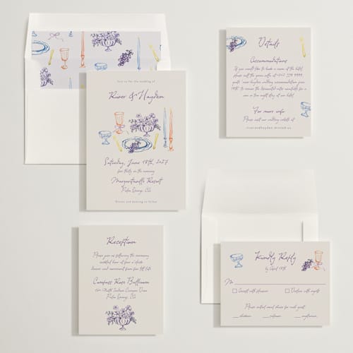 This is a hydrangea wedding invitations with standard by Cass Loh called tablescape drawing printing on signature in standard