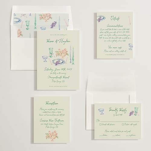 This is a garden wedding invitations with standard by Cass Loh called tablescape drawing printing on signature in standard