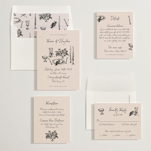 This is a black dahlia wedding invitations with standard by Cass Loh called tablescape drawing printing on signature in standard