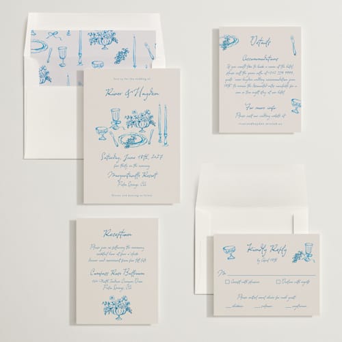 This is a aquatic wedding invitations with standard by Cass Loh called tablescape drawing printing on signature in standard
