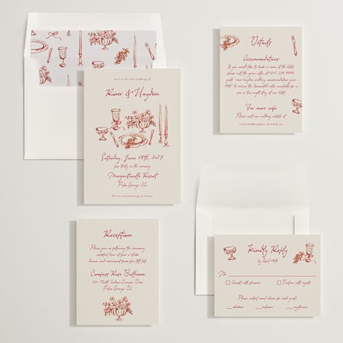 This is a wine wedding invitations with standard by Cass Loh called tablescape drawing printing on signature in standard