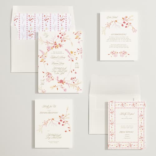 This is a sunrise wedding invitations with standard by Phrosné Barwood called whimsey floral printing on signature in standard