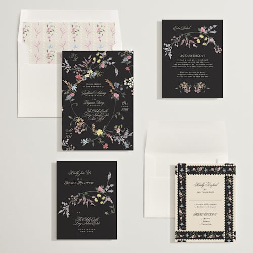 This is a midnight park wedding invitations with standard by Phrosné Barwood called whimsey floral printing on signature in standard
