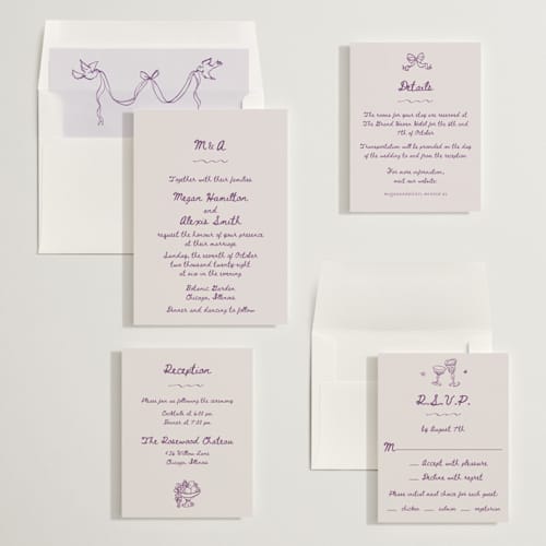 This is a lilac wedding invitations with standard by Cass Loh called simple monogram printing on signature in standard